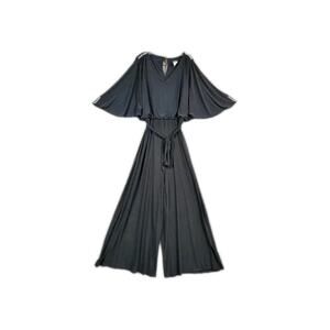 MSK Womens Wide Leg 3/4 Batwing Sleeves Belted Jumpsuit Sz S Black w Rhinestones